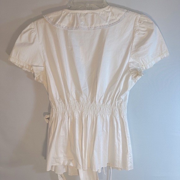 MKM Designs Womens Size M Blouse Wrap Tie Ruffle Lace Trim V-Neck Puff Sleeves - Picture 13 of 15